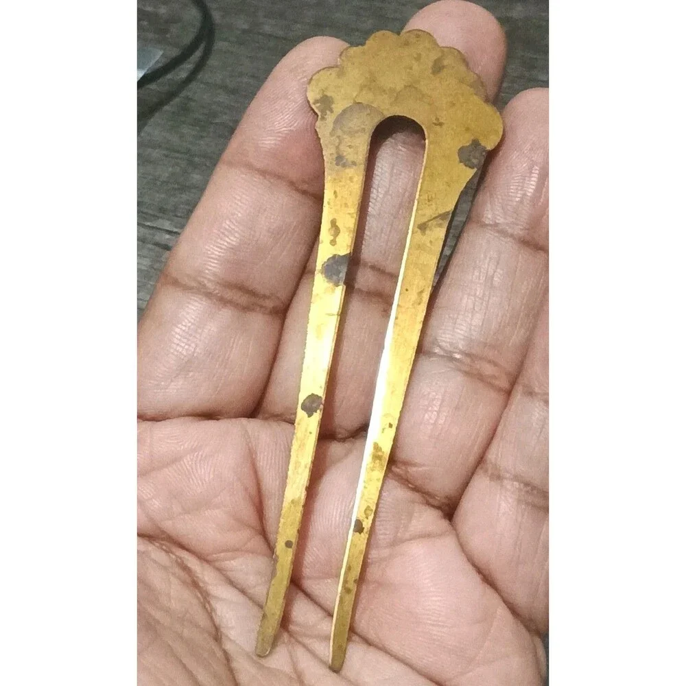 Antique Victorian Brass Bow Black Rhinestone Accent Hair Fork Pin